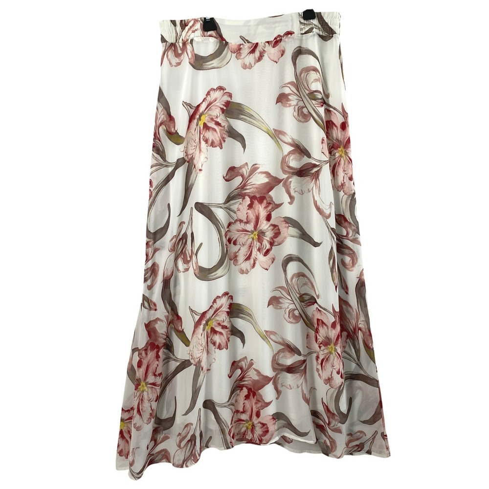 Womens Maxi Skirt Size Large Flowy Sheer Fairy White Pink Red Floral Feminine